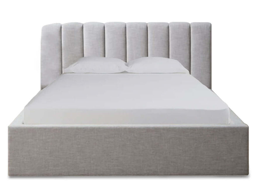 Dreamy channeled bed frame with upholstered headboard and clean lines, perfect for modern bedroom decor.